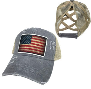 AMERICAN FLAG CRISS-CROSS PONYTAIL HAT