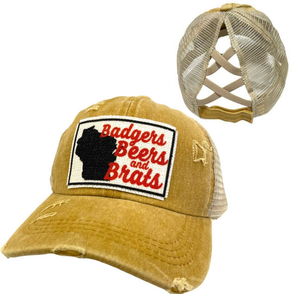 WISCONSIN BRATS, BEERS, & BADGERS CRISS-CROSS PONYTAIL HAT